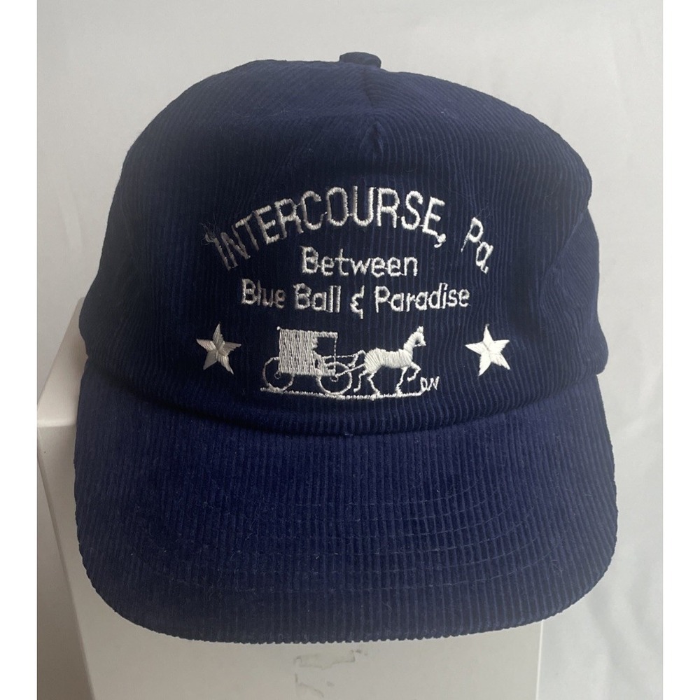 Intercourse, PA Blue Ball & Paradise Stitched Hat Cap Corduroy Snapback VTG Blue